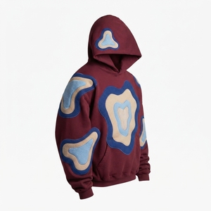 Sweat-shirt à capuche surdimensionné pour homme, couleur bordeaux, design patchwork, style streetwear, manches régulières, coton French Terry, style automne - Product Image 1