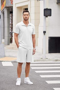 Nuevo conjunto de pantalones cortos tipo polo transpirables para hombre, diseño moderno, estilo casual, conjunto deportivo de color sólido, conjunto de 2 piezas para hombre - Product Image 3