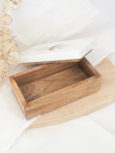 Marble box handcrafted from sustainably mango wood with a marble lid features a brass lunar crescent moon Storage Boxes - Product Image 6