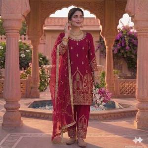 Conjunto de Salwar Kameez pakistaní de lujo con bordado de vino y dupatta de red, traje de diseñador étnico para fiestas y bodas para mujer - Product Image 2