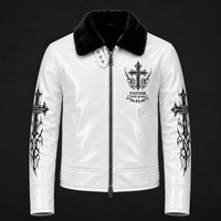 Veste en cuir blanc personnalisée pour homme, style gothique, imprimé croix, col en fausse fourrure, veste de motard, manteau d'hiver tendance, unisexe, confortable à porter