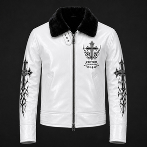 Veste en cuir blanc personnalisée pour homme, style gothique, imprimé croix, col en fausse fourrure, veste de motard, manteau d'hiver tendance, unisexe, confortable à porter - Product Image 1