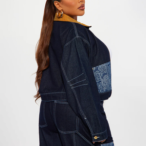 Women's <b>Denim</b> Jacket Floral Print Contrast Collar Zipper Front Loose Fit Stonewashed Cotton Autumn Casual <b>Coat</b> - Product Image 3