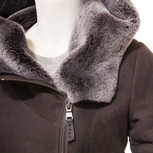 Customer Women's Winter Shearling Hooded <b>Leather</b> <b>Jacket</b> With Fur Trim Zipper Closure Full Sleeve Solid Color Thick Warm Coat - Product Image 5