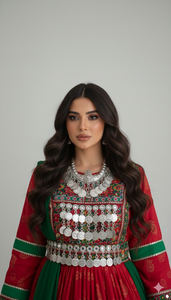 ชุดเดรสชนเผ่าอัฟกันสีแดงเข้มคลาสสิก พร้อมลายพิมพ์ลายดอกไม้สีทอง ประดับแถบสีเขียวตัดกัน และลายพิมพ์หลายแบบ - Product Image 5