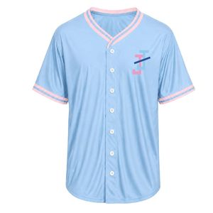 Maillot de baseball bleu clair pour femme, haut à manches courtes boutonné à col en V avec bordure rose et broderie pour les sports d'équipe - Product Image 1
