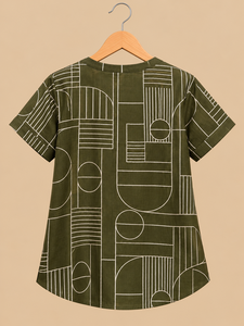 Chemisier en lin vert à imprimé géométrique pour femmes, manches courtes, col en v, coupe ample, décontracté, printemps-été - Product Image 2