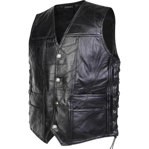 Chaleco de Cuero Vacuno Genuino Personalizado para Motociclistas, Chaleco de Motociclismo con Parches y Cordones Laterales - Product Image 1