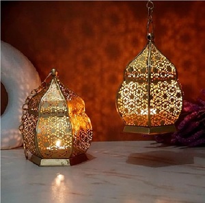 Golden Hexagon Moroccan <b>Lantern</b> <b>Set</b> Embossed Glass Brass Home Decoration Durable Vintage Style - Product Image 3