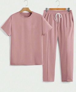 <b>Pink</b> Plus Size <b>Men</b> Summer Solid 100% Cotton Casual Short Sleeve Jersey Jogger Pants T-<b>Shirt</b> Set Daily Wear - Product Image 1