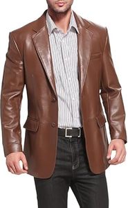 Men's Brown Leather Blazer Slim Fit Collar Single Button <b>Smart</b> Casual <b>Jacket</b> Regular Sleeve - Product Image 3