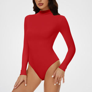 Mono de Mujer Rojo de Cuello Alto y Manga Larga, Cintura Alta, Color Sólido, Spandex y Poliéster, Ajuste Sexy - Product Image 1
