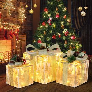 Set di 3 Scatole Regalo Natalizie LED Illuminanti per Interni/Esterni, Decorazioni con Struttura in Metallo e Fiocchi Argentati - Product Image 1
