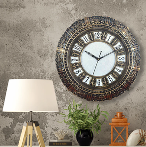 Beautiful antique style round wall <b>clock</b> displays a heavily patterned bronze finish border, available at wholesale prices. - Product Image 1