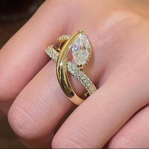 Anillo de lujo con dos bandas cruzadas y diamante marquise de 1.02 CT cultivado en laboratorio para mujer, oro sólido de 14K, joyería para boda o fiesta para novias. - Product Image 1
