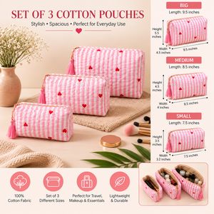 Set de Bolsas de Aseo Acolchadas de Algodón con Estampado de Corazones Rosas: Bolsas de Maquillaje y Cosméticos, Bolsas de Viaje - Product Image 6