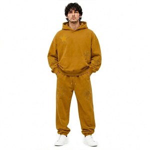 Men 2 Piece Boxy Oversized Tracksuit Set Hoodie Jogger Star Cross Patch Applique Fleece Custom OEM Wholesale Manufacturer - Product Image 2