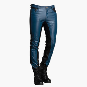 Men's Blue Coated Moto Biker Pants High Waist Zipper Fly Straight Fit Side Pockets Winter Style - Product Image 2