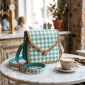 Vintage Genuine <b>Leather</b> Lightweight Shoulder Bag Diamond Lattice Pattern Buckle Closure Single Strap Turquoise White Women's - Product Image 3