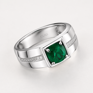 925 Sterling <b>Silver</b> Green <b>Emerald</b> Men's <b>Ring</b> - Product Image 1