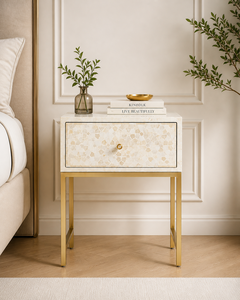 White Bone Inlay Nightstand Gold Metal Legs Accent <b>Side</b> Table Antique <b>Drawer</b> Bedside Cabinet for Bedroom Hotel - Product Image 1