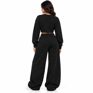 High Street Women Knit Tracksuit <b>Set</b> Crop Crew Neck <b>Sweater</b> Wide Leg Pants Rhinestone Graphic Winter Wear Customized Bulk - Product Image 2