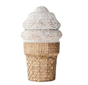 Boho Ice Cream Water Hyacinth Toy <b>Basket</b> Woven Decorative Storage <b>Hamper</b> with Lid Kids Playroom Organizer - Product Image 1