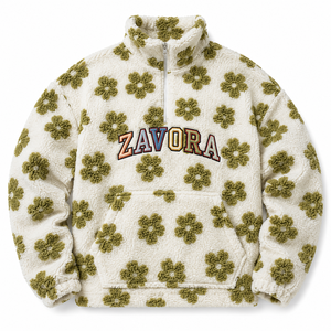 <b>Women</b> Floral Sherpa Pullover <b>Women</b> Half Zip Stand Collar Custom Varsity Embroidery Fluffy <b>Teddy</b> Fleece <b>Hoodies</b> Private Label OEM - Product Image 3