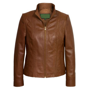 Women Genuine <b>Leather</b> Moto Biker <b>Jacket</b> Stand Collar Full Sleeve Zipper Closure Autumn/Winter Outerwear <b>Brown</b> Sheep <b>Leather</b> Top - Product Image 3