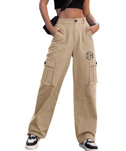 Pantalon cargo décontracté taille haute pour femme, coupe large et droite, avec poches, 100 % coton, idéal pour l'automne - Product Image 3