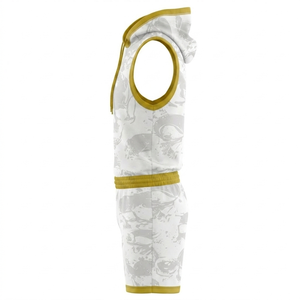 Unisex Hooded Sleeveless Vest Set Skull Print <b>White</b> Yellow Trim Breathable Polyester All Seasons Adult Sport Wear - Product Image 3