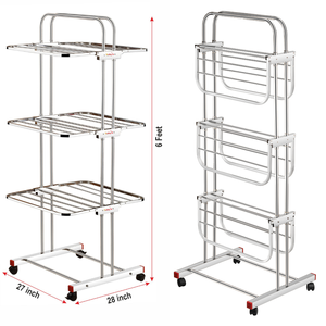 Chrome Plated Three Level SS And Plastic Laundry <b>Dryer</b> Stand Portable Foldable Floor <b>Cloth</b> Rack With Wheels 35 Feet Airer - Product Image 5