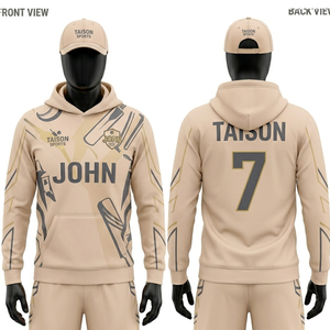 Sudadera con capucha para hombre, premium, 300 GSM, poliéster, forro polar, beige, dorado, diseño geométrico de paneles, sublimación, logotipo personalizado, ropa deportiva - Product Image 1