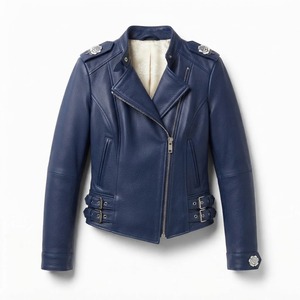 Blouson moto en cuir véritable pour femme, bleu, col montant, fermeture éclair, broderie florale, manches longues, vêtement d'extérieur pour l'automne - Product Image 1