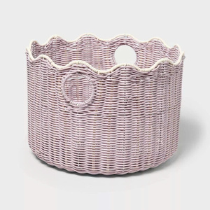 <b>Soft</b> Pastel Pink Rattan Scalloped <b>Storage</b> <b>Basket</b> Handmade Fresh Arrival Round <b>Storage</b> <b>Basket</b> With Scalloped Edge - Product Image 1