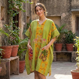 Vintage Cotton Patchwork Kantha <b>Kaftan</b> Handmade Block Print Autumn/Winter Breathable Eco-Friendly Kantha <b>Kaftan</b> - Product Image 6