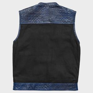 Veste en cuir et denim pour homme, bleu wax, style motard - Product Image 2