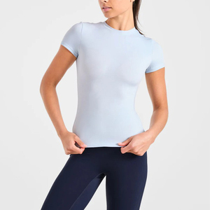 Camiseta de Punto de Manga Corta para Mujer, Color Sólido, Ajustada, Transpirable, que Absorbe la Humedad, Ropa Casual de Primavera/Verano, Venta al Por Mayor - Product Image 2