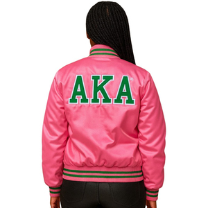 Chaqueta Bomber Universitaria de Satén Rosa para Unisex, Estilo Deportivo, Primavera, Ropa Griega Universitaria, Apliques Bordados en la Parte Delantera - Product Image 2