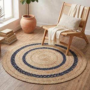 Grey Braided <b>Round</b> Jute Rug with Decorative Floral Arrangement for Contemporary Living Spaces - Product Image 4