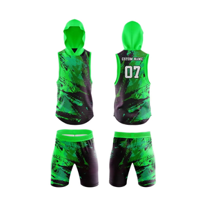 Ensemble de football 7v7 dégradé jaune : Haut sans manches à capuche et short de compression, personnalisable par sublimation, équipement d'équipe OEM - Product Image 3
