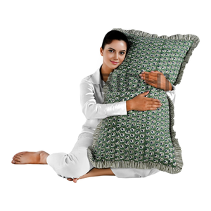RIDHI 20x36" Herb Green Ruffle Western Style Lumbar <b>Pillow</b> Cover Set Hand Block Print Floral Cotton Sham Zipper Closure - Product Image 1