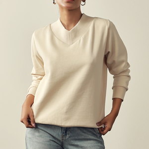 <b>Women's</b> <b>V</b>-<b>Neck</b> Knitted Sweater Solid Color Long Sleeve 100% Cotton Breathable Autumn Wear Minimalist Style - Product Image 1