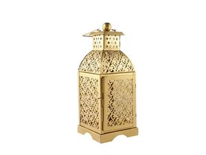 Modern Decorative Metal <b>Lantern</b> Set Golden Finish Featuring Intricate Moroccan Moorish-inspired Patterns Glass Panel Handmade - Product Image 5