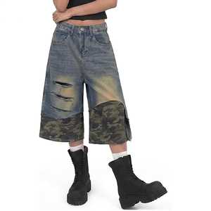 <b>Men's</b> Ripped Denim Bermuda <b>Shorts</b> High Waist Camouflage <b>Patch</b> Street Style Button Fly Woven Cotton - Product Image 3