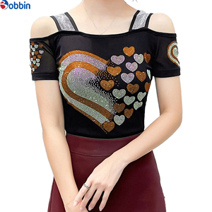 Top de malla con pedrería y corazones rojos, de hombros descubiertos, manga corta, cuello cuadrado, ajustado, para mujer, para el Día de San Valentín - Product Image 6