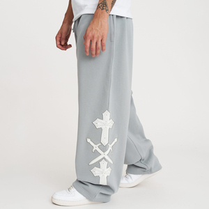 Pantalones Deportivos de Hombre, Estilo Baggy, con Cordón en la Cintura, Color Gris Jaspeado, Ecológicos, con Apliques de Letras en Blanco sobre Cuero, para Streetwear - Product Image 1