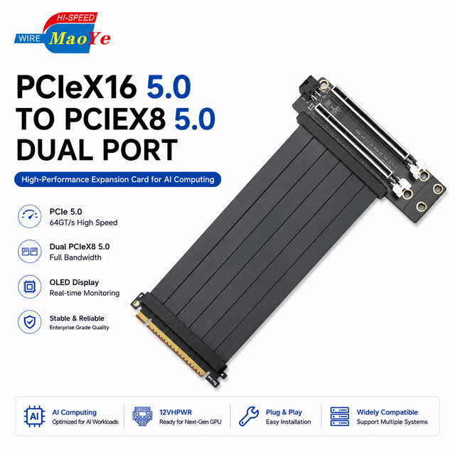 PCIe Gen5 X16 2 Port X8 Expansion Card No Performance Loss GPU Riser AI Computing Low EMI 6-Layer PCB Stock Anti Interference