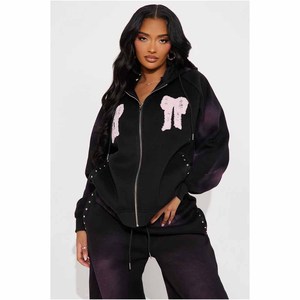 <b>Women's</b> Black Hooded Zip-Up Sweatshirt <b>Set</b> With Pink Bow Print Loose Joggers Full Length Fleece 2 Piece Casual All Seasons - Product Image 5