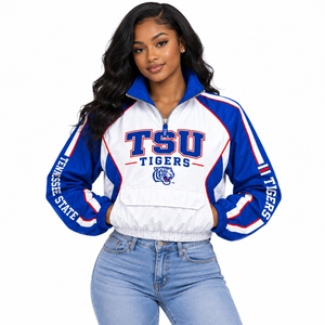Custom <b>Women</b> Cropped Windbreaker <b>Jacket</b> <b>Lightweight</b> Half Zip Pullover Color Block Embroidered Team Cheerleading Sports <b>Jacket</b> - Product Image 3